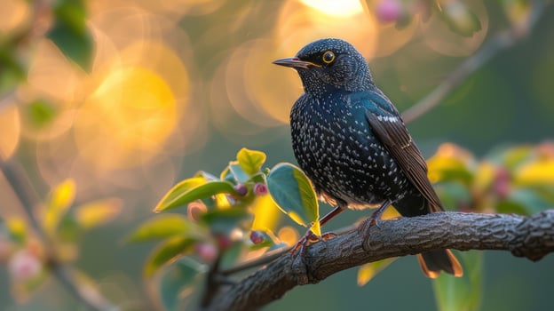 A small blue bird with white spots perches on a branch in a tree with green leaves and pink buds against a blurred golden background. photo