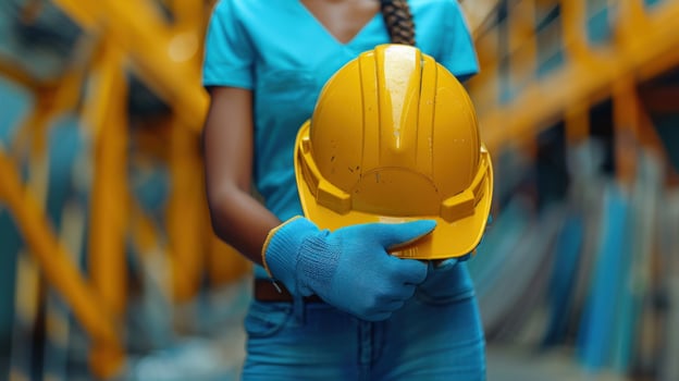 A female construction worker holding a yellow hard hat in her gloved hands. photo