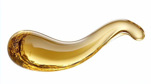 Golden liquid flowing in a curved shape, isolated on white. photo