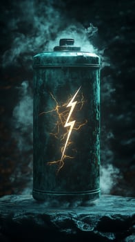Glowing lightning bolt on weathered, cylindrical container emitting smoke. photo