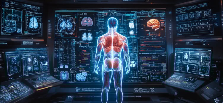 Futuristic medical interface showing human anatomy scans on multiple screens. photo