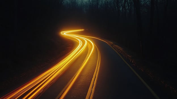 Night road with light trails curving through dark forest. photo