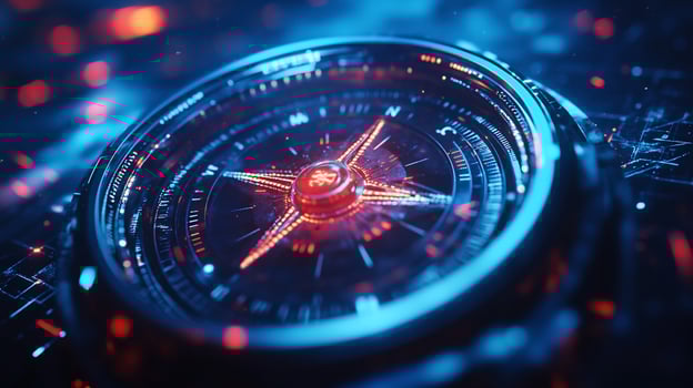 Futuristic compass with glowing red and blue digital elements. photo