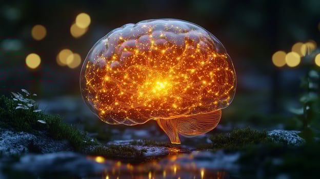 Glowing brain in dark forest reflecting on water. photo