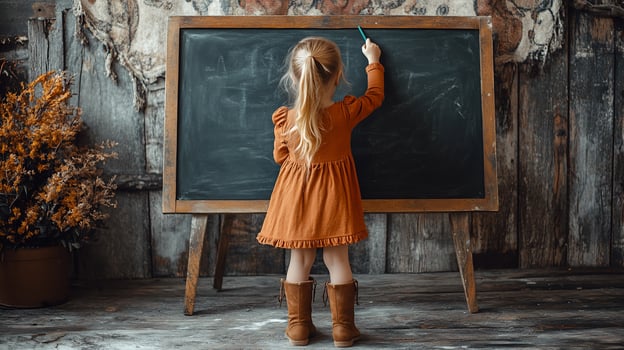 Little girl in dress writing on chalkboard. photo