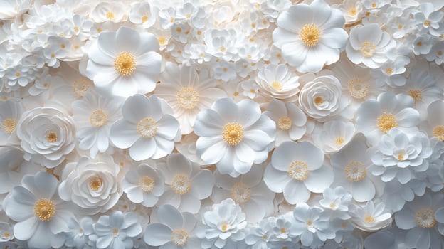 Closeup of numerous white paper flowers forming a dense, textured background. photo