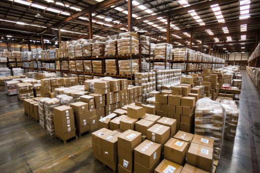 Warehouse with neatly stacked boxes for efficient inventory organization and management photo