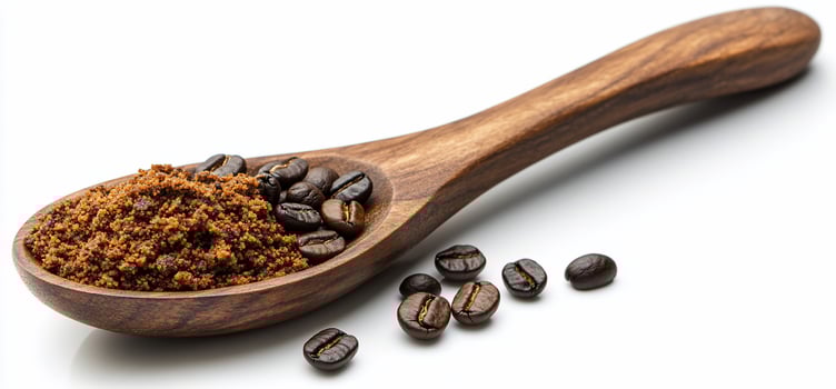 Wooden spoon with ground and whole coffee beans. photo