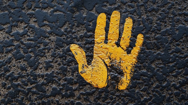 Yellow handprint on dark textured surface. photo