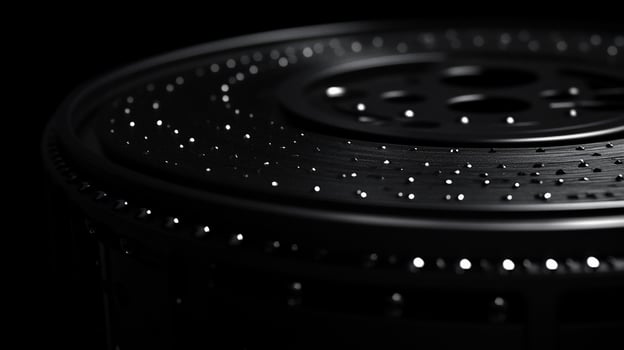 Closeup of a dark, circular object with small, reflective dots on its surface, possibly metallic, wet, or oily. photo