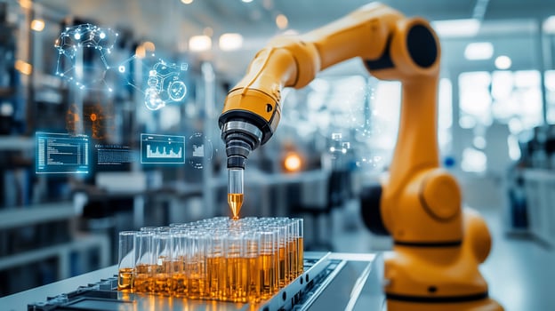 Robotic arm precisely dispensing liquid into test tubes in a modern laboratory. photo