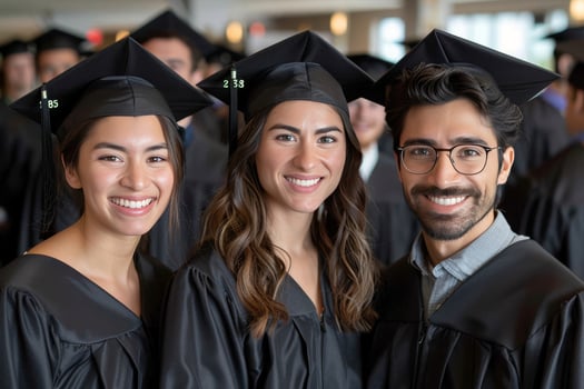 Four joyful university graduates in caps and gowns celebrating academic achievement photo