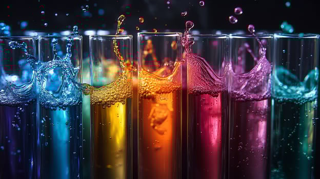 Colorful liquids splash in test tubes. photo