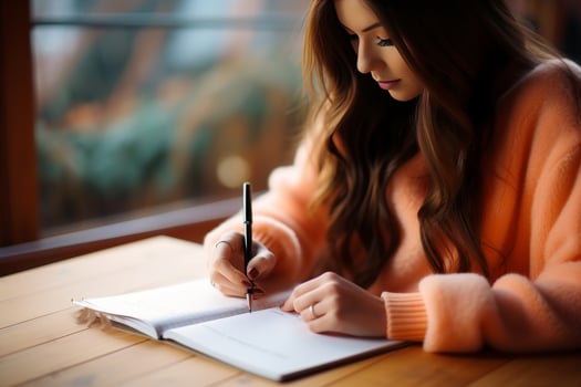 Close-up of young womans hand gracefully writing on a blank sheet of paper with a black pen photo