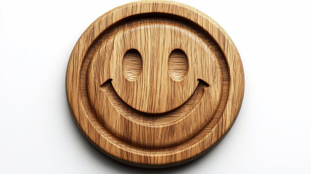 Wooden smiley face carved on a round disc. photo
