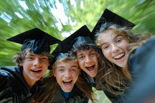 Joyful university graduates in caps and gowns celebrating academic achievement with elegance photo