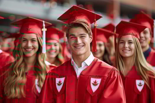 Group of four graduates in caps and gowns celebrating unity and success at university photo