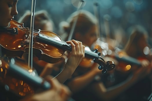 Professional symphonic orchestra performing classical music concert with talented musicians photo