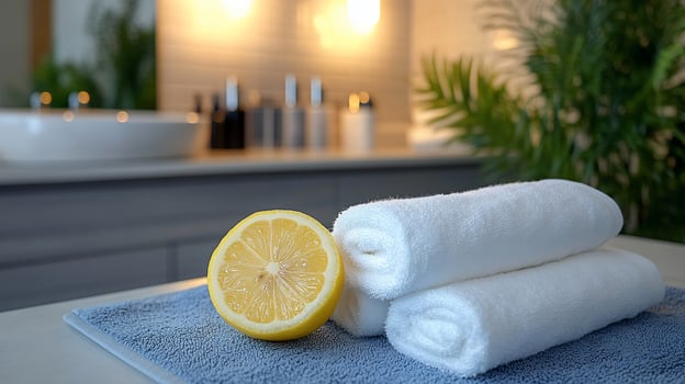 Spa setting with fresh lemon and rolled towels. photo