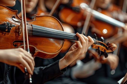 Professional musicians in symphonic orchestra performing classical concert on stage photo
