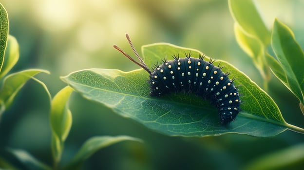 Black caterpillar with yellow dots on a green leaf. photo