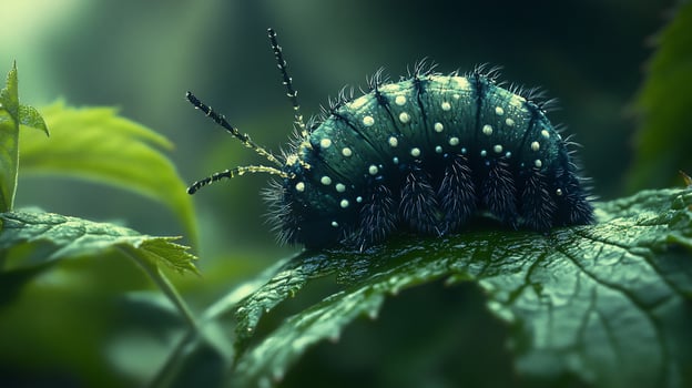 Closeup of a vibrant blue caterpillar with white dots, resting on a lush green leaf. photo