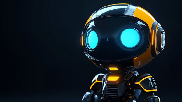 Cute, futuristic robot with glowing blue eyes and yellow helmet against dark background. photo