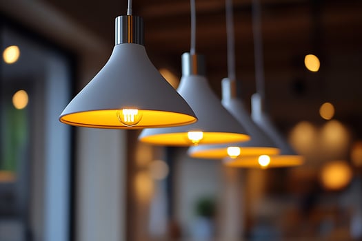 Modern pendant lights illuminate a cafe interior. photo
