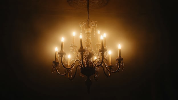 Glowing antique chandelier in a dimly lit room. photo