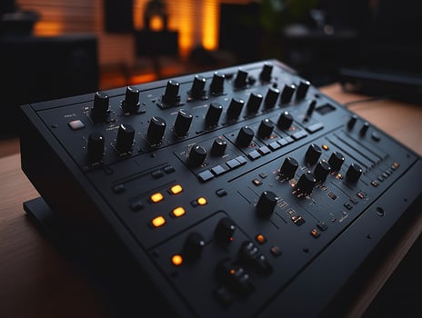 Closeup of a black synthesizer with numerous knobs and buttons, lit by warm background light, sitting on a wooden surface. photo