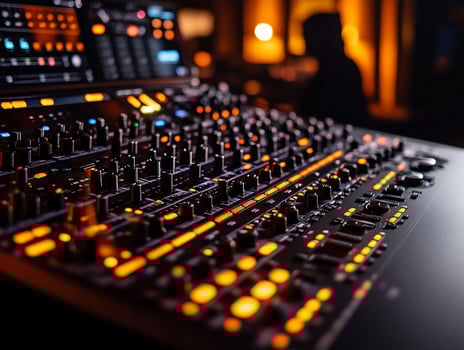 Closeup of illuminated audio mixing console. photo