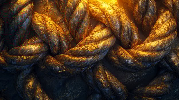 Closeup of interwoven golden ropes with texture and light. photo