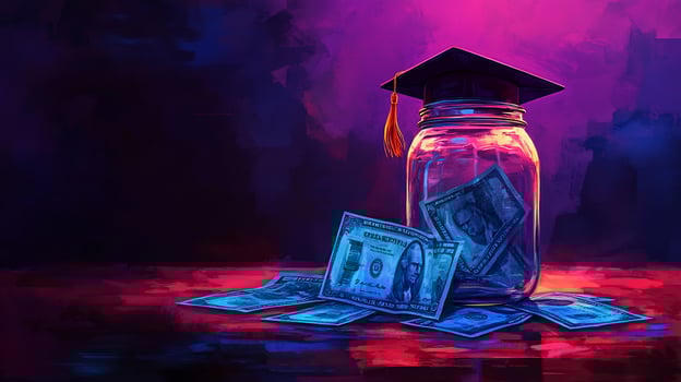 Glass jar with money and graduation cap, symbolizing college savings. photo