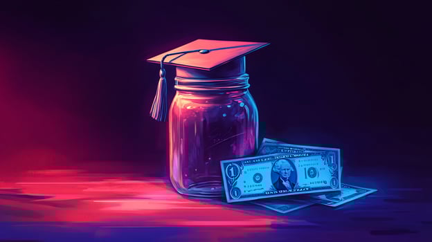 Graduation cap on a mason jar with money. photo