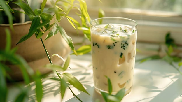 Iced creamy beverage with herbs in a glass near a window. photo