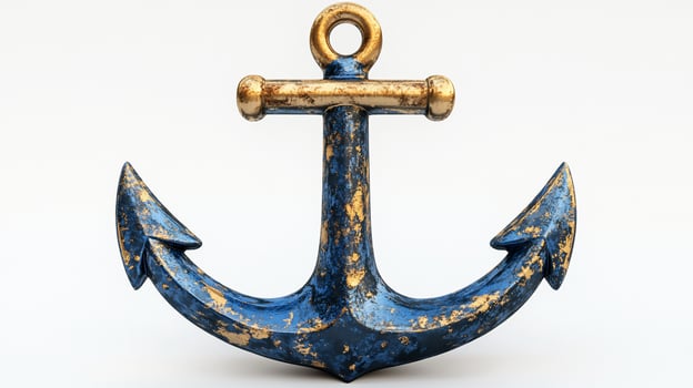 Blue and gold distressed anchor isolated on white. photo