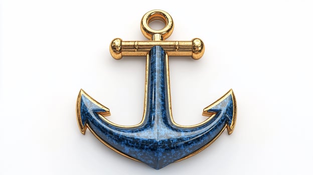 Blue and gold nautical anchor isolated on white. photo