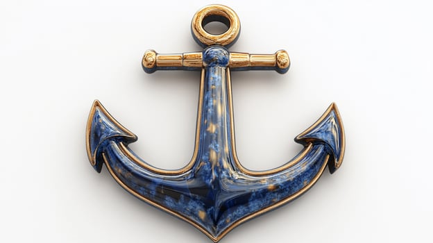 Blue and gold nautical anchor, isolated on white. photo