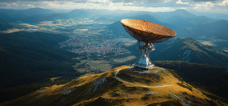 Satellite dish atop mountain overlooking valley. photo