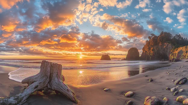 Stunning sunset over ocean beach with driftwood. photo