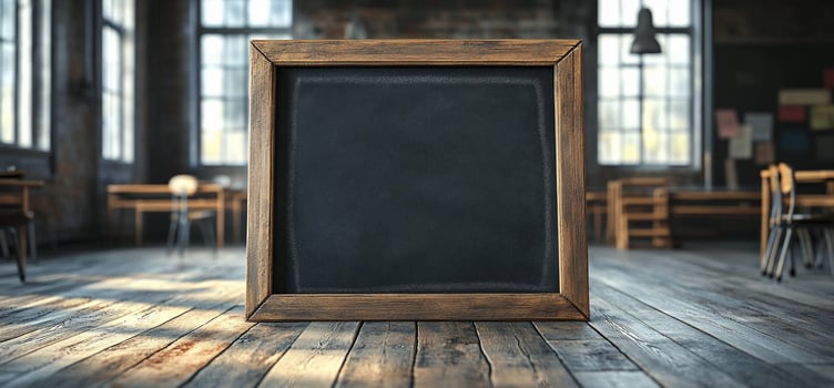 Empty chalkboard on rustic wooden floor in classroom. photo