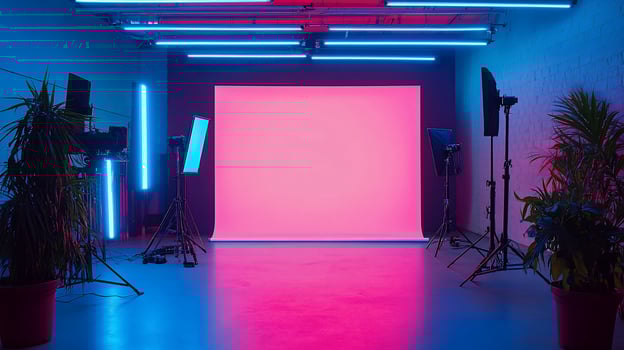 Pink backdrop studio with lighting equipment. photo