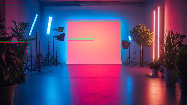 Neonlit studio with pink backdrop, lighting equipment, and plants. photo