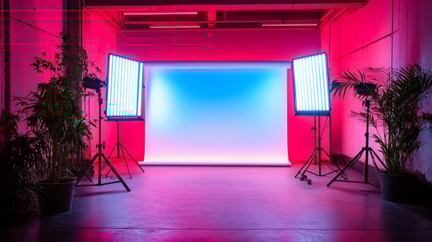 Pink and blue lit studio backdrop with lighting equipment. photo