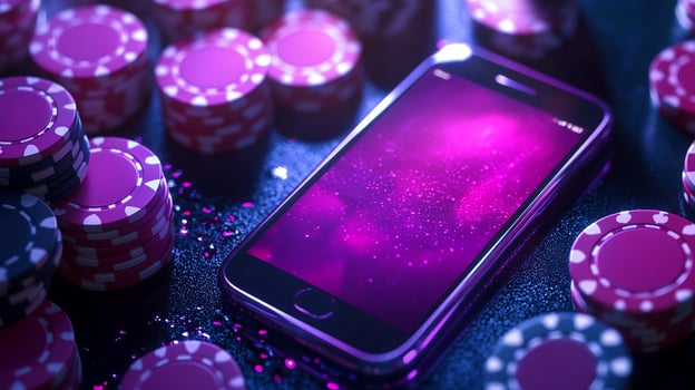 Smartphone displaying gambling app surrounded by poker chips. photo