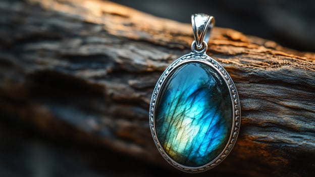 Oval labradorite gemstone pendant on wood. photo