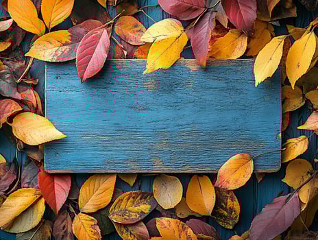 Blue rustic wooden sign surrounded by autumn leaves. photo