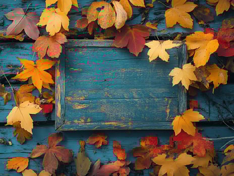 Rustic blue wood sign surrounded by autumn leaves. photo