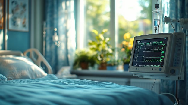 Hospital room with bed, medical monitor, and IV bag. Sunlit window with plants in background. photo