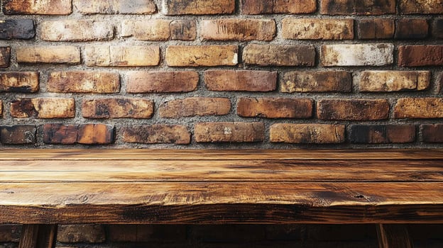 Rustic wooden table against a brick wall background. photo